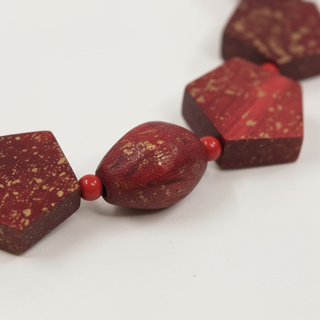 Deep Maroon Red Wooden Beaded Chunky Necklace with Gold Speckles - Image 4