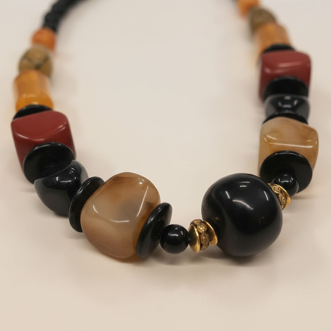 Mixed Material Black, Amber, Brown Resin Beaded Necklace - Image 4