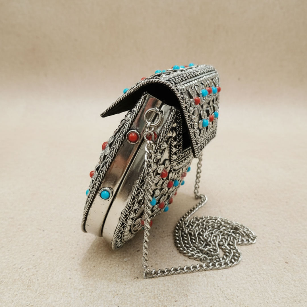 Silver Metal Floral Clutch with Red and Turquoise Beads - Image 4