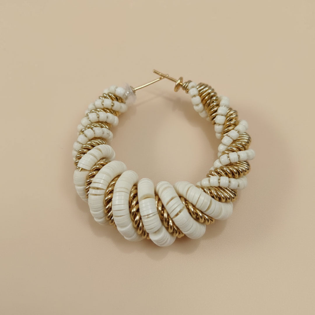 Gold-Tone Metal and Cream Beaded Twisted Hoop Earrings - Image 4