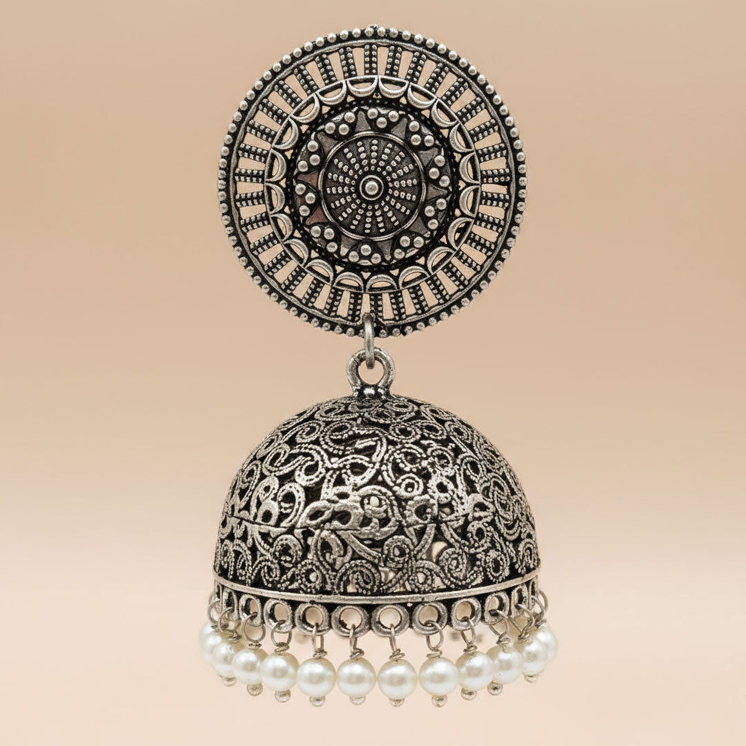 Oxidized Silver Filigree Jhumka Earrings with White Pearls - Image 4