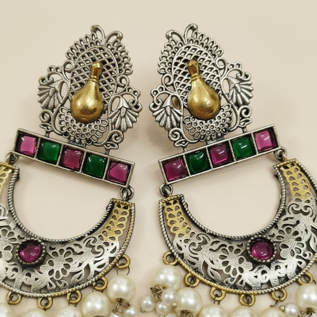 Oxidized Silver Jhumka Earrings with Gold, Purple, and Pearl Accents - Image 4