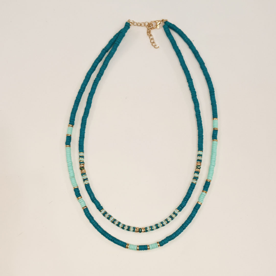 Teal and Light Blue Beaded Necklace with Gold Metal Accents - Image 4