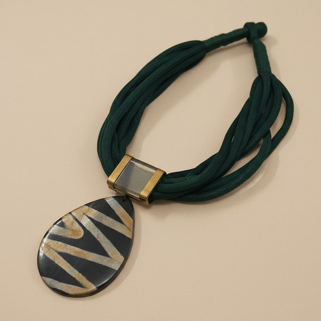 Dark Green Suede Cord Necklace with Black Beige Pendant - Image 3