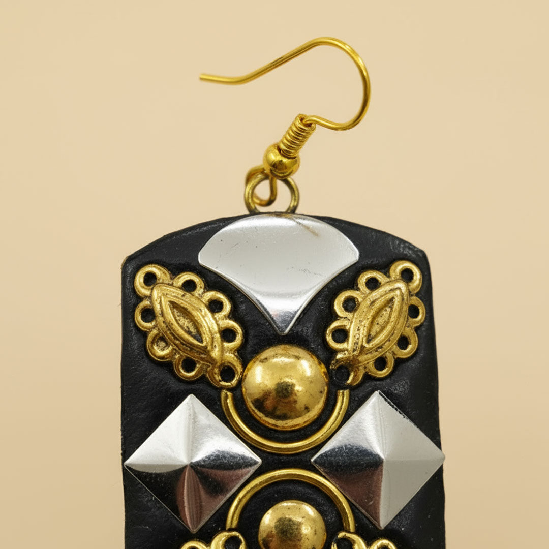 Black Resin Earrings with Gold and Silver-Tone Embellishments - Image 3