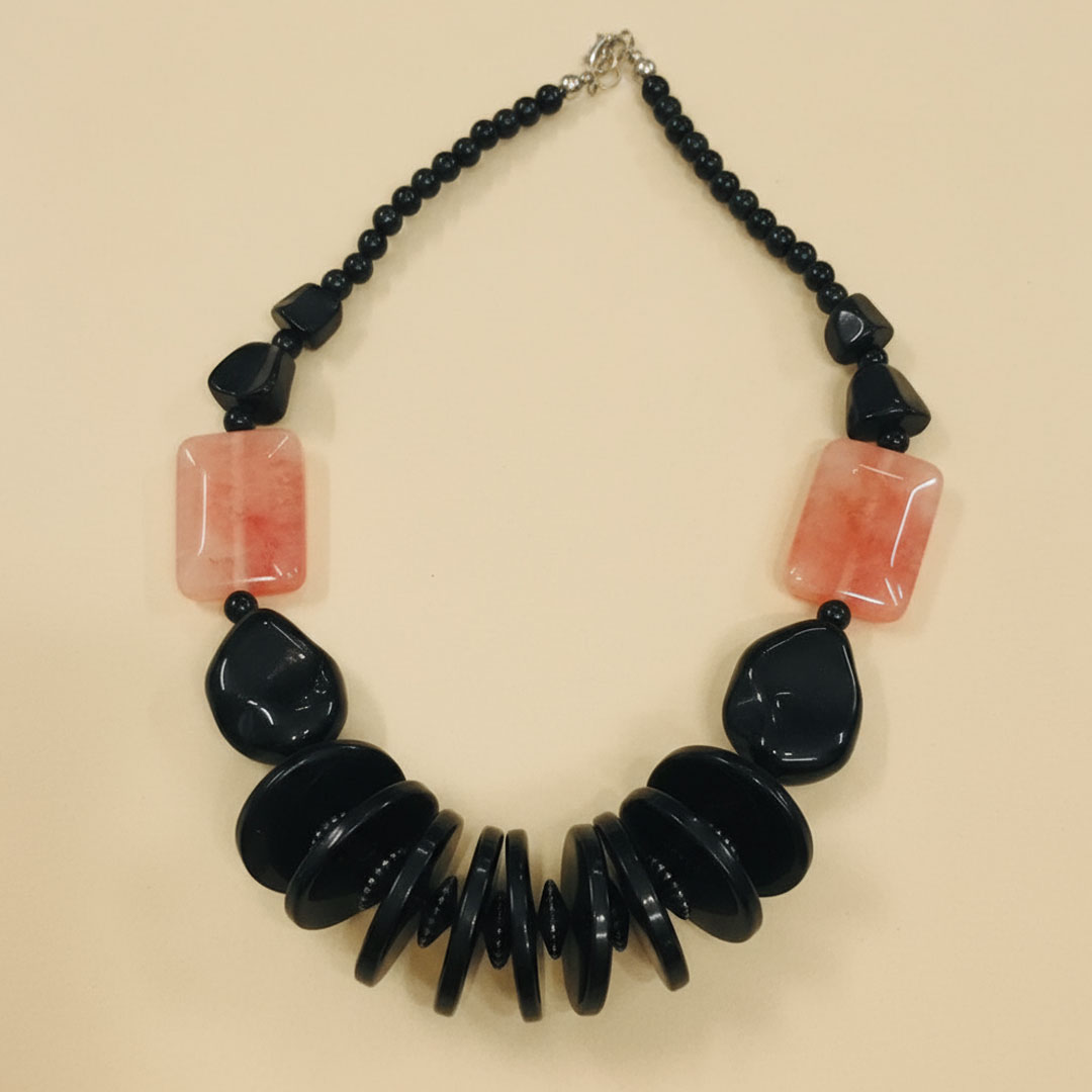 Black Beaded Necklace with Red-Orange Stone Accents - Image 3
