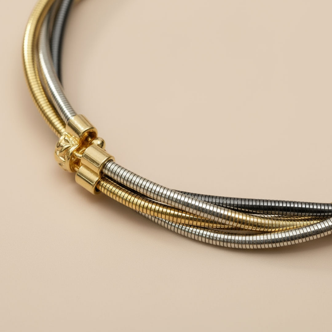 Multi-Tone Metal Coil Necklace in Gold, Silver, and Black - Image 3