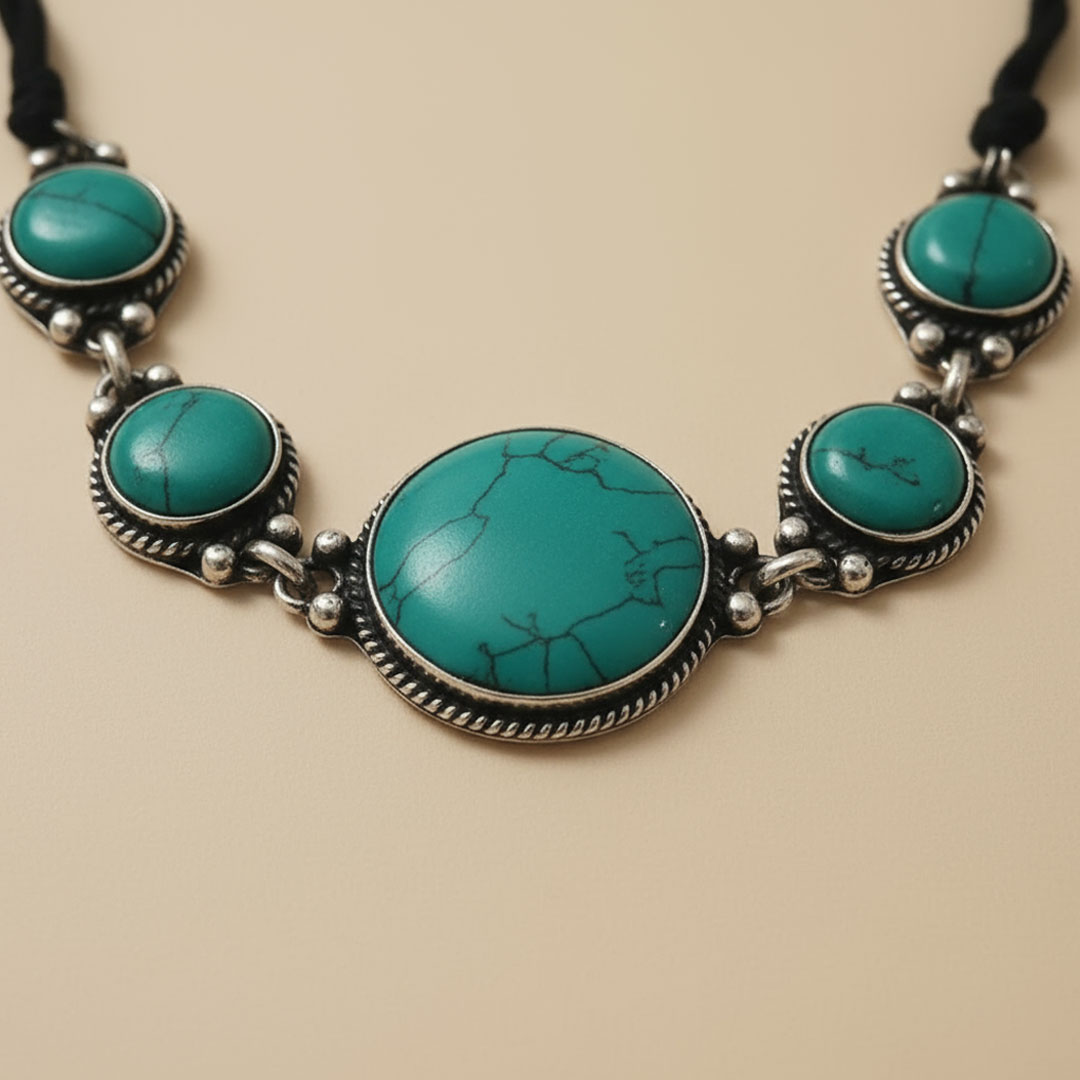 Silver Metal and Turquoise Stone Black String Necklace - Image 3
