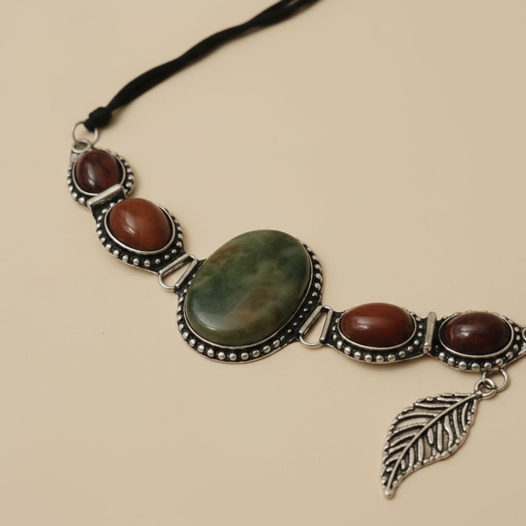 Silver Metal and Reddish Stone Black String Necklace - Image 4