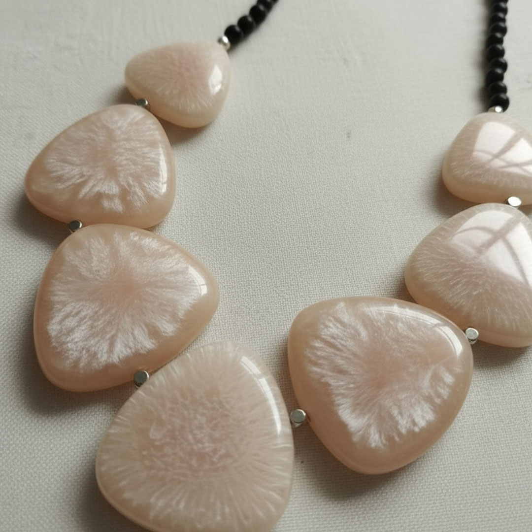 Ivory Soft Triangle Stone Necklace with Black Beads - Image 3