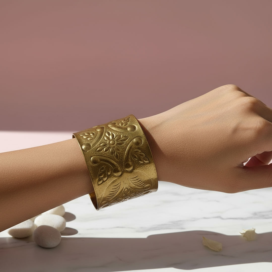 Antique Brass Gold Floral Embossed Wide Golden Flora Cuff - Image 3