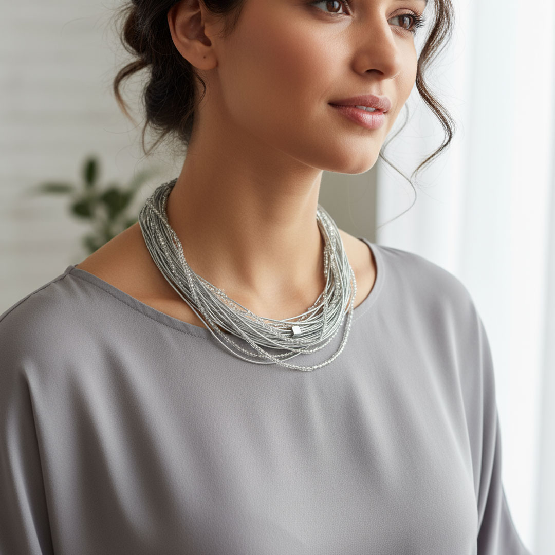 Silver-Toned Metallic Wire Multi-Strand Moonbeam Necklace - Image 3