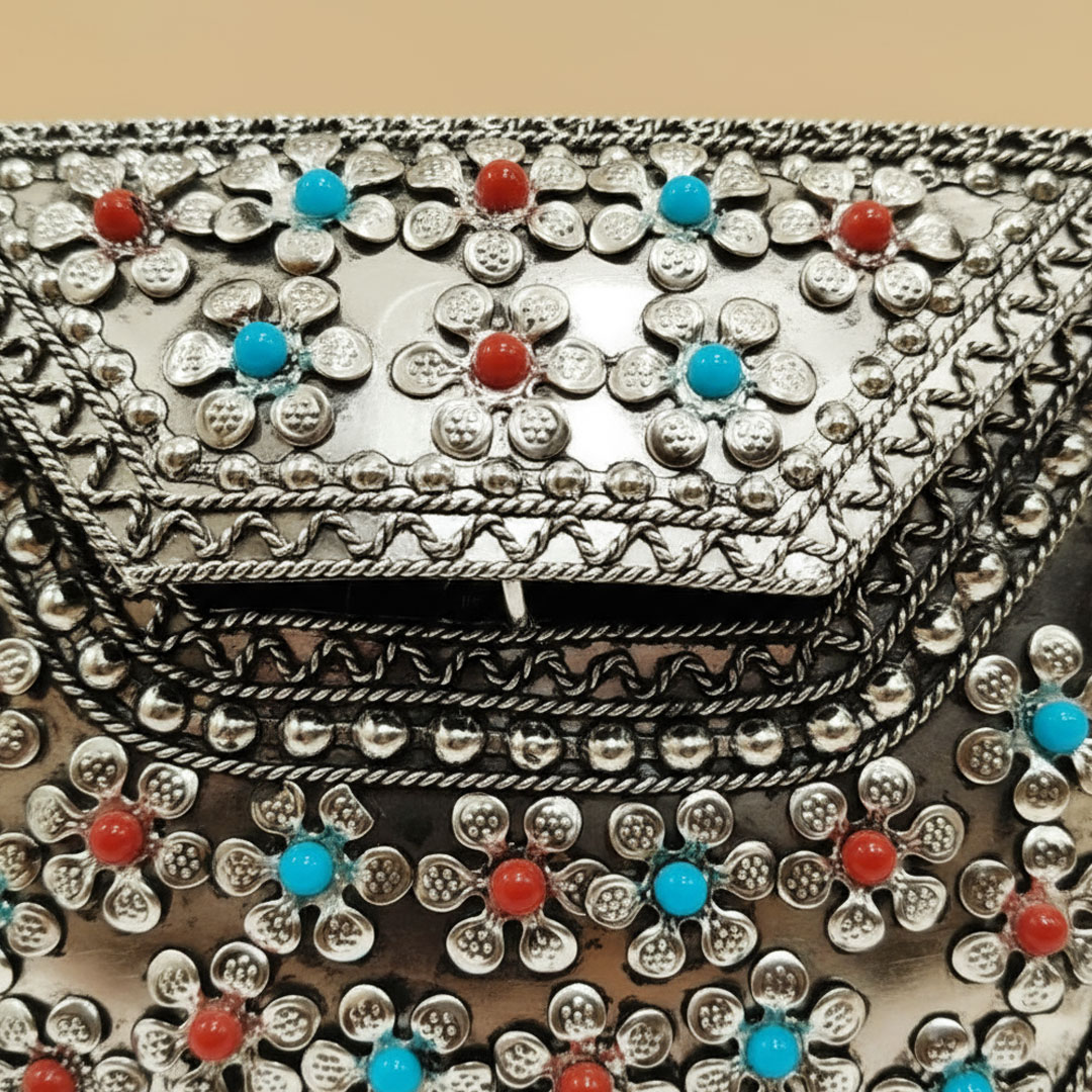 Silver Metal Floral Clutch with Red and Turquoise Beads - Image 3