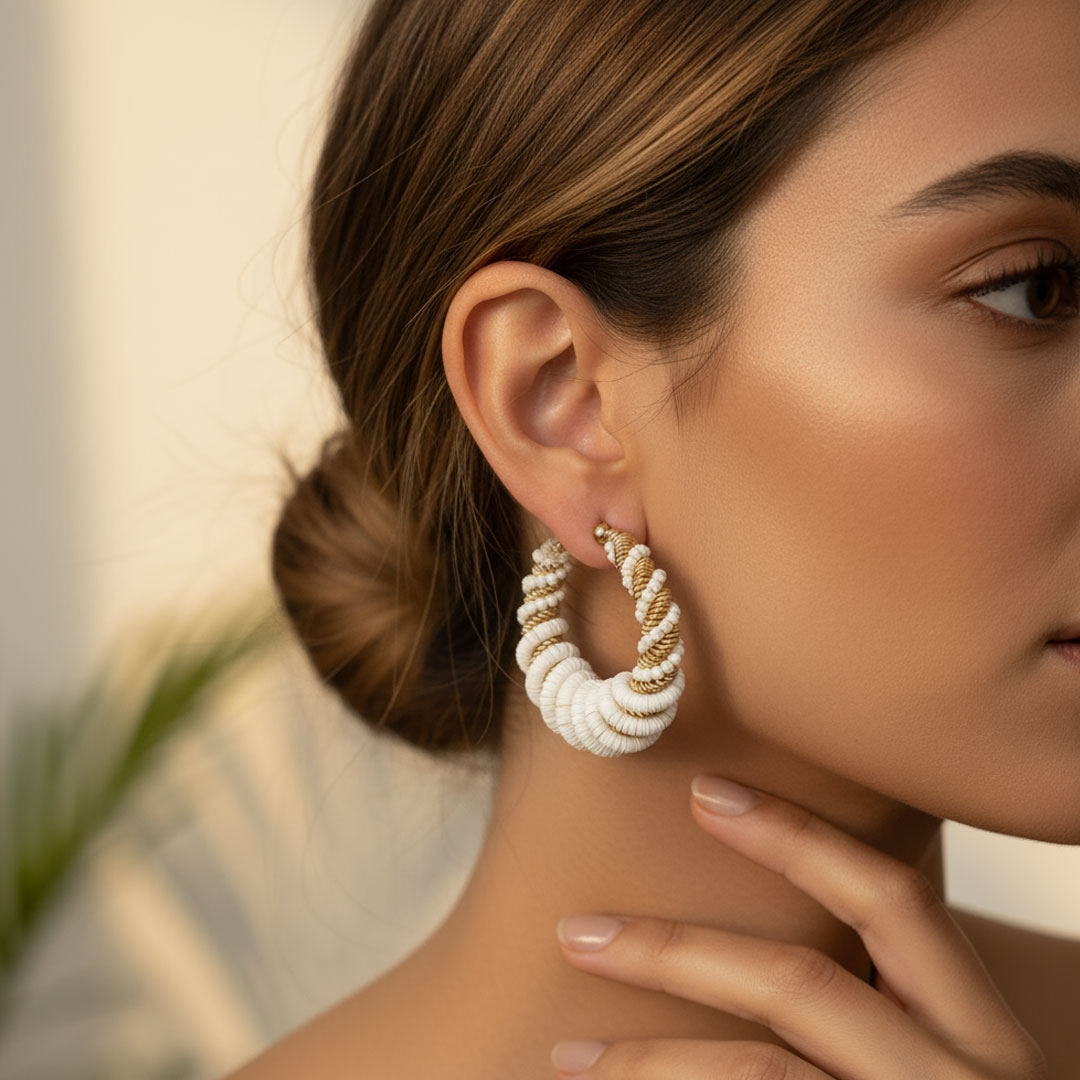 Gold-Tone Metal and Cream Beaded Twisted Hoop Earrings - Image 3