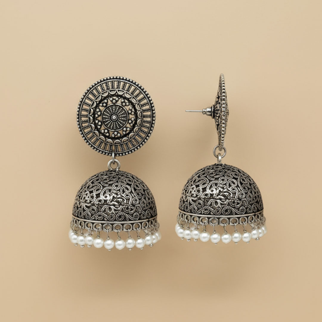 Oxidized Silver Filigree Jhumka Earrings with White Pearls - Image 3