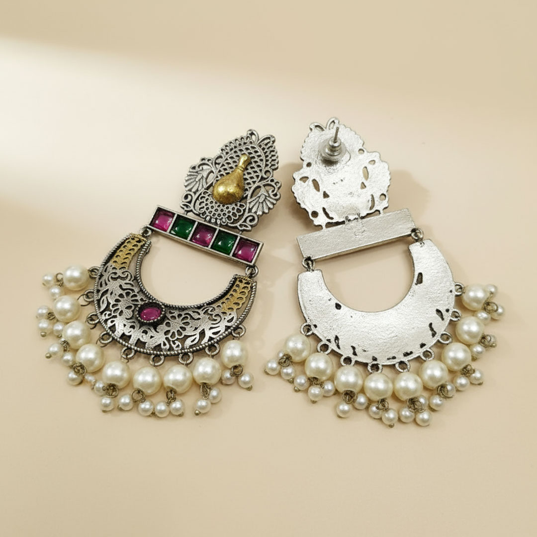 Oxidized Silver Jhumka Earrings with Gold, Purple, and Pearl Accents - Image 3