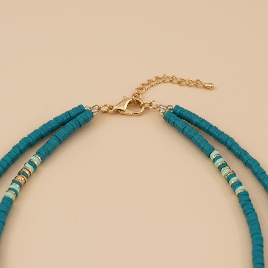 Teal and Light Blue Beaded Necklace with Gold Metal Accents - Image 3