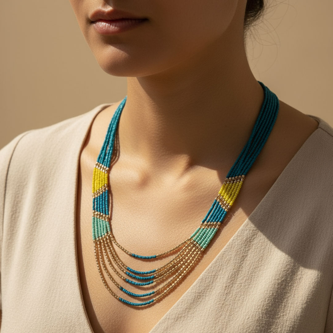 Teal, Yellow, Blue Glass Beads Layered Ocean Breeze Necklace - Image 4