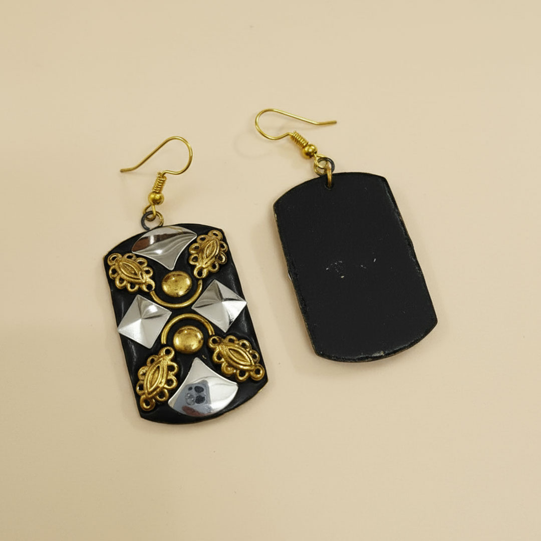 Black Resin Earrings with Gold and Silver-Tone Embellishments - Image 4