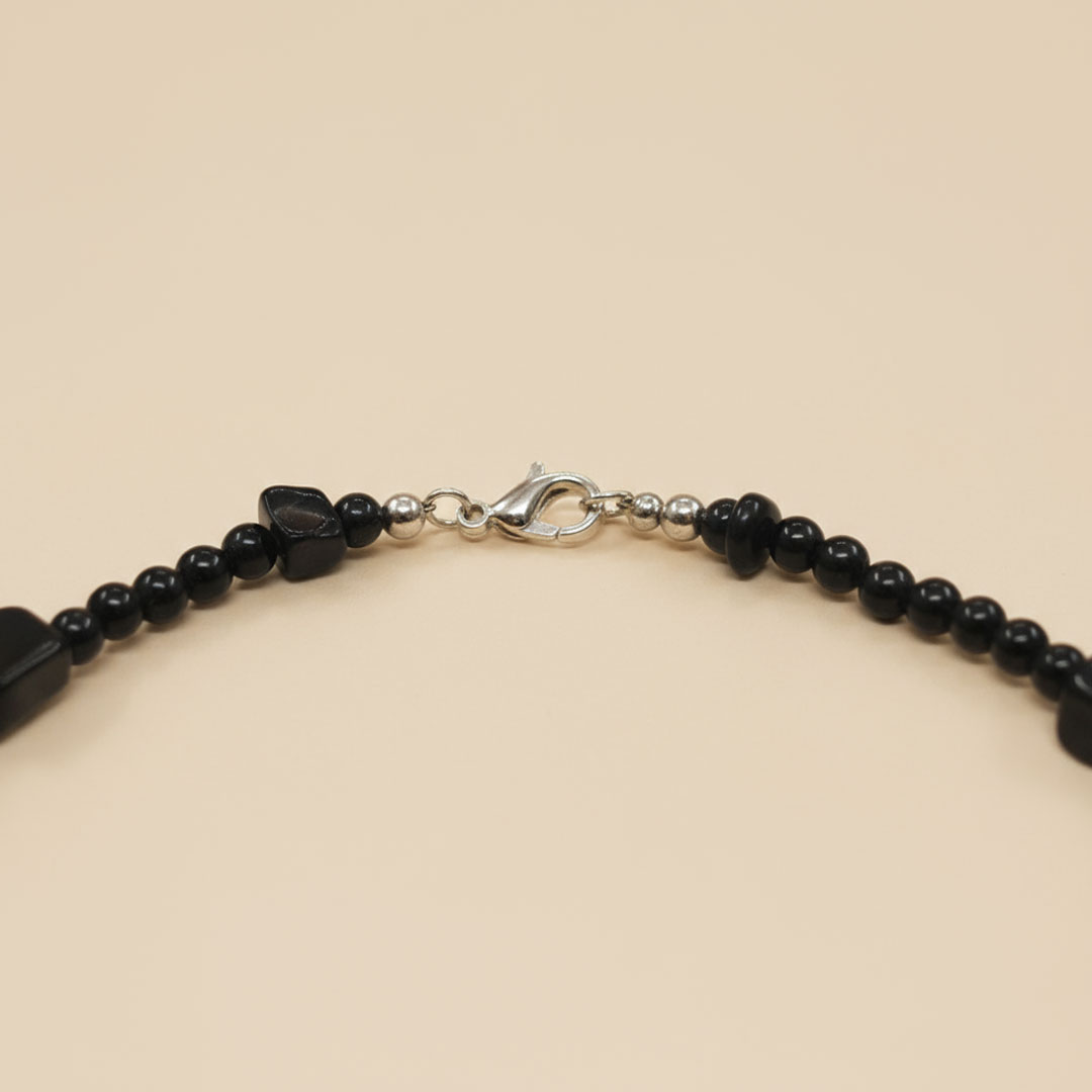 Black Beaded Necklace with Red-Orange Stone Accents - Image 4