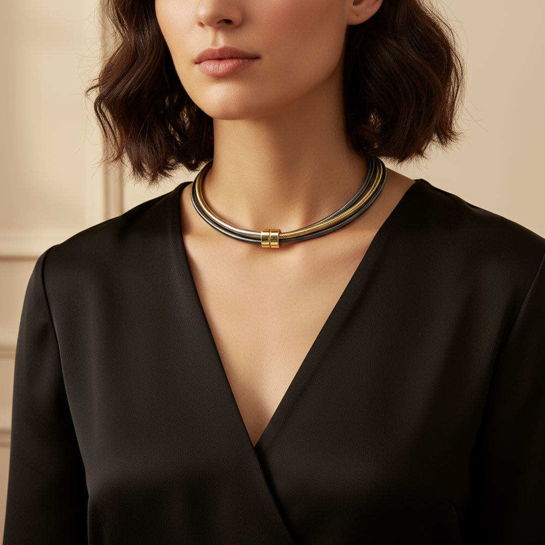 Multi-Tone Metal Coil Necklace in Gold, Silver, and Black - Image 4
