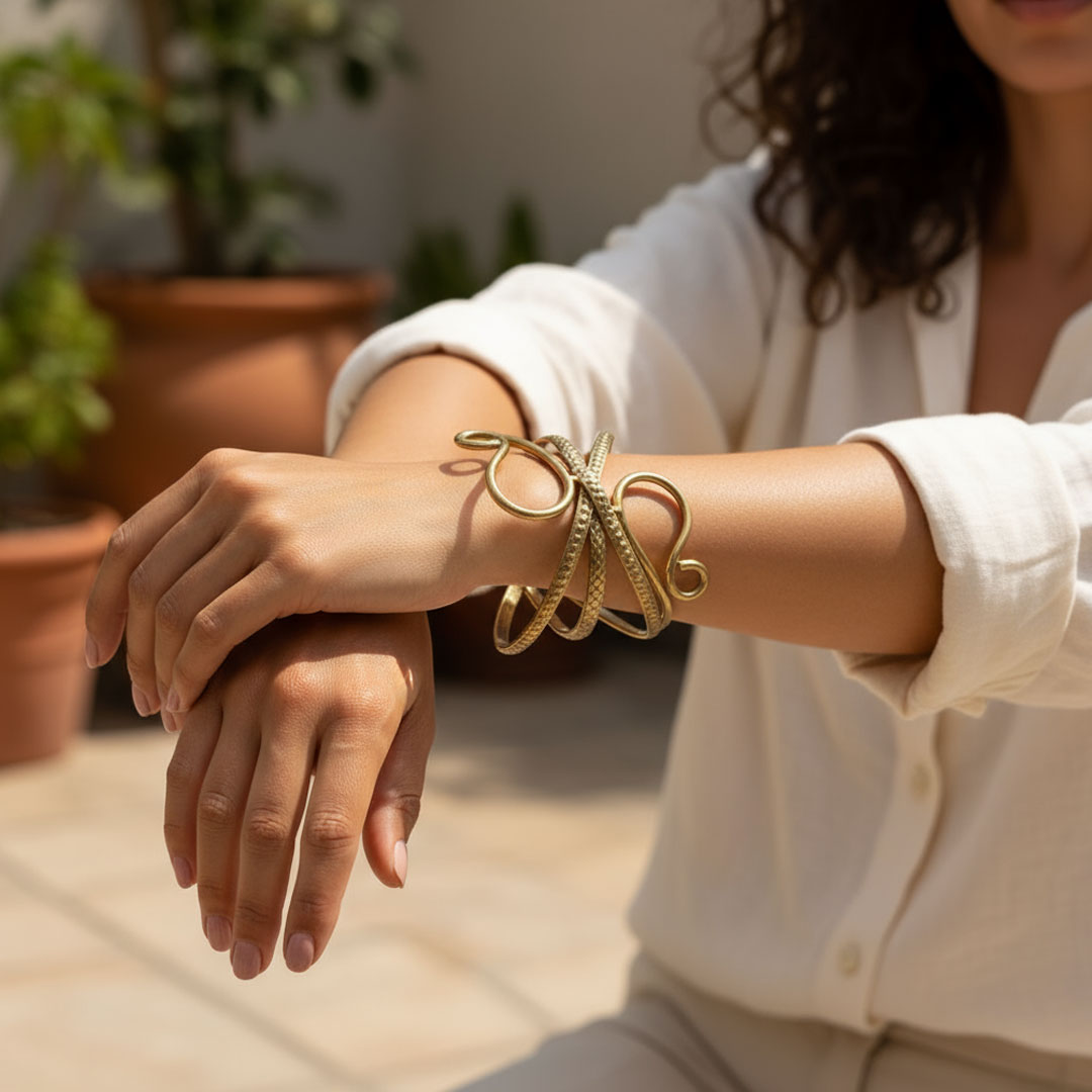 Golden Metal Woven Goddess Openwork Cuff Bracelet - Image 4