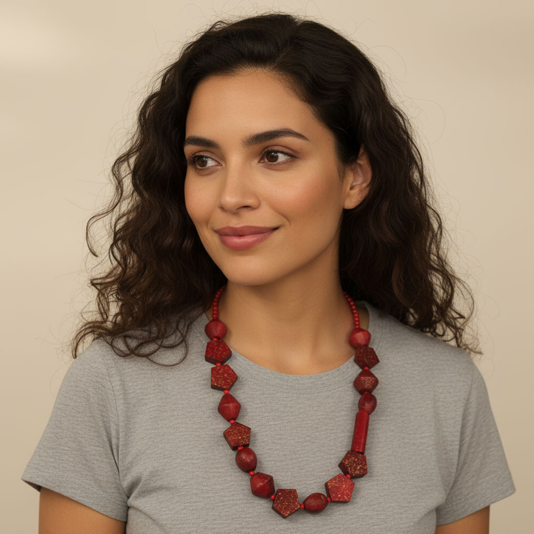 Deep Maroon Red Wooden Beaded Chunky Necklace with Gold Speckles - Image 5