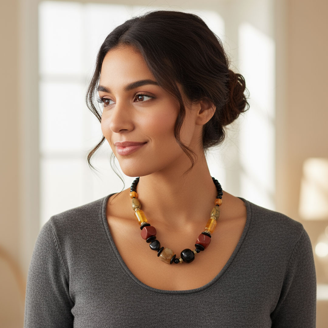 Mixed Material Black, Amber, Brown Resin Beaded Necklace - Image 5