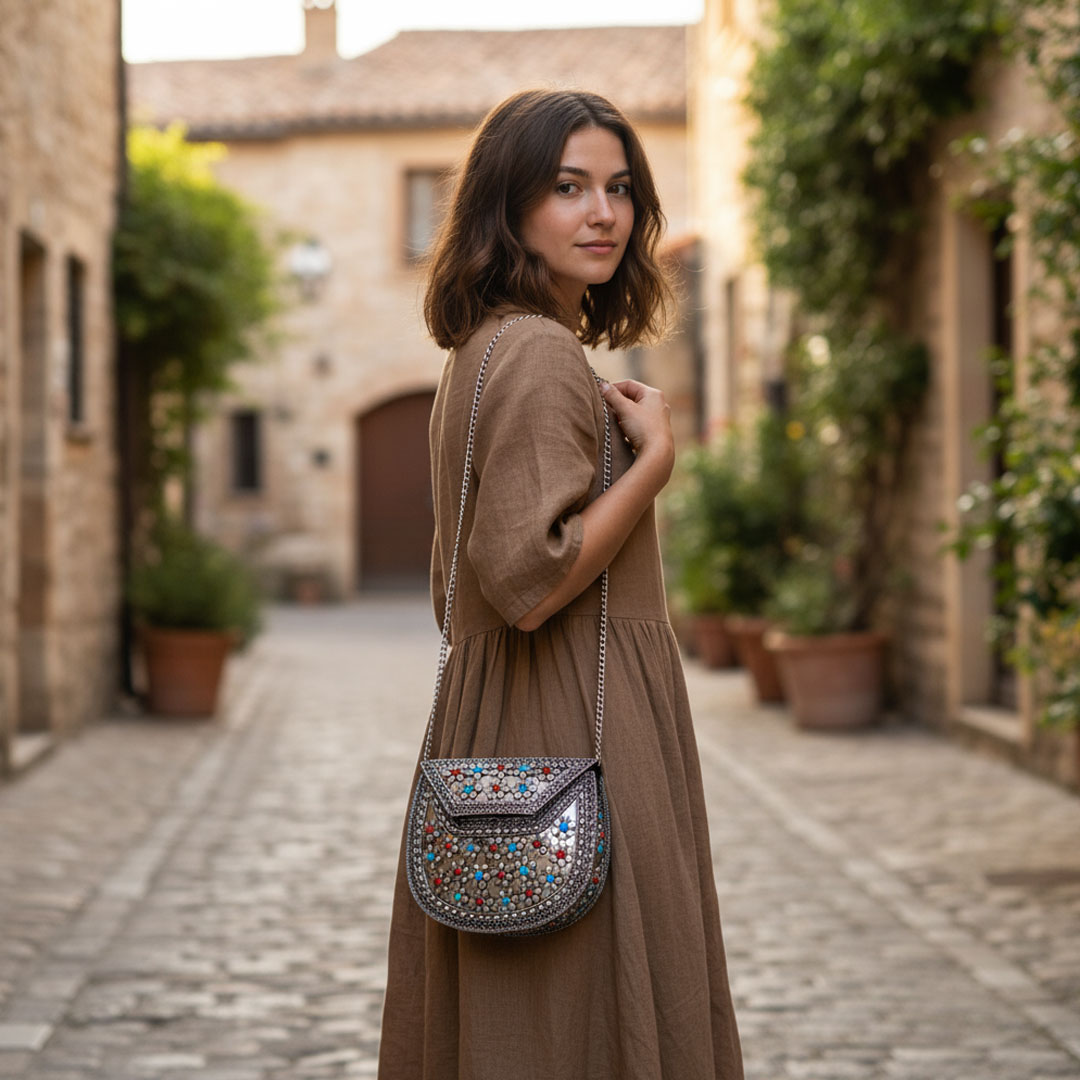 Silver Metal Floral Clutch with Red and Turquoise Beads - Image 5