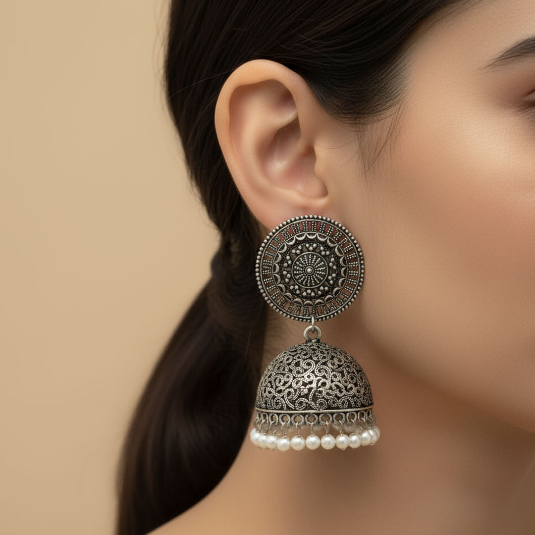 Oxidized Silver Filigree Jhumka Earrings with White Pearls - Image 5