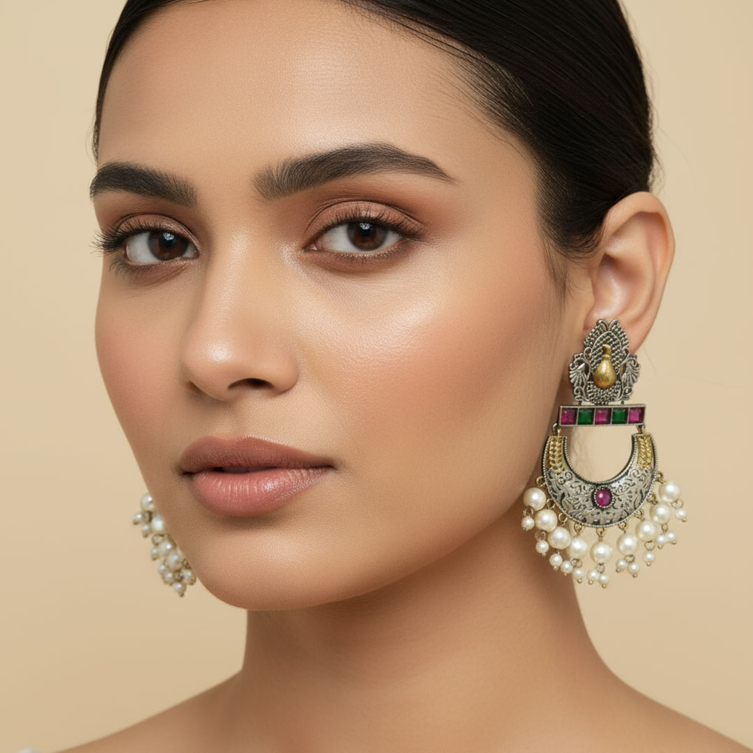 Oxidized Silver Jhumka Earrings with Gold, Purple, and Pearl Accents - Image 5