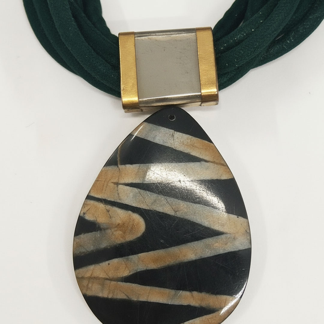 Dark Green Suede Cord Necklace with Black Beige Pendant - Image 4
