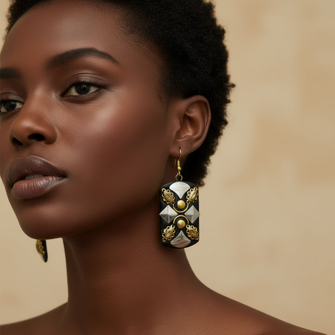 Black Resin Earrings with Gold and Silver-Tone Embellishments - Image 5