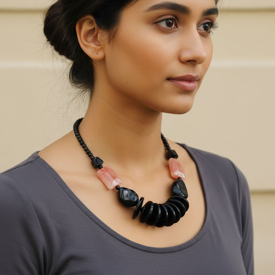 Black Beaded Necklace with Red-Orange Stone Accents - Image 5