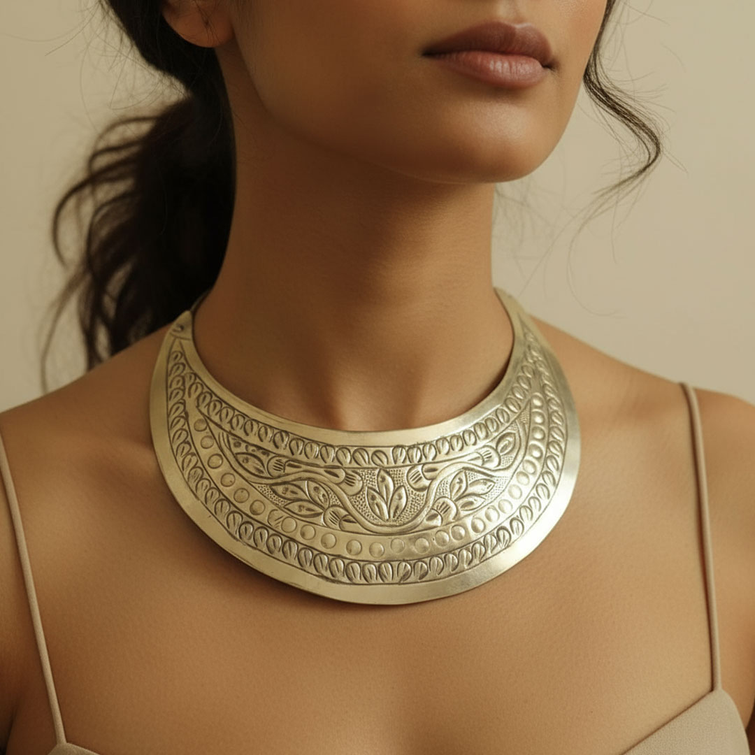 Rustic Gold Metal Necklace with Ethnic Floral Carvings - Image 4