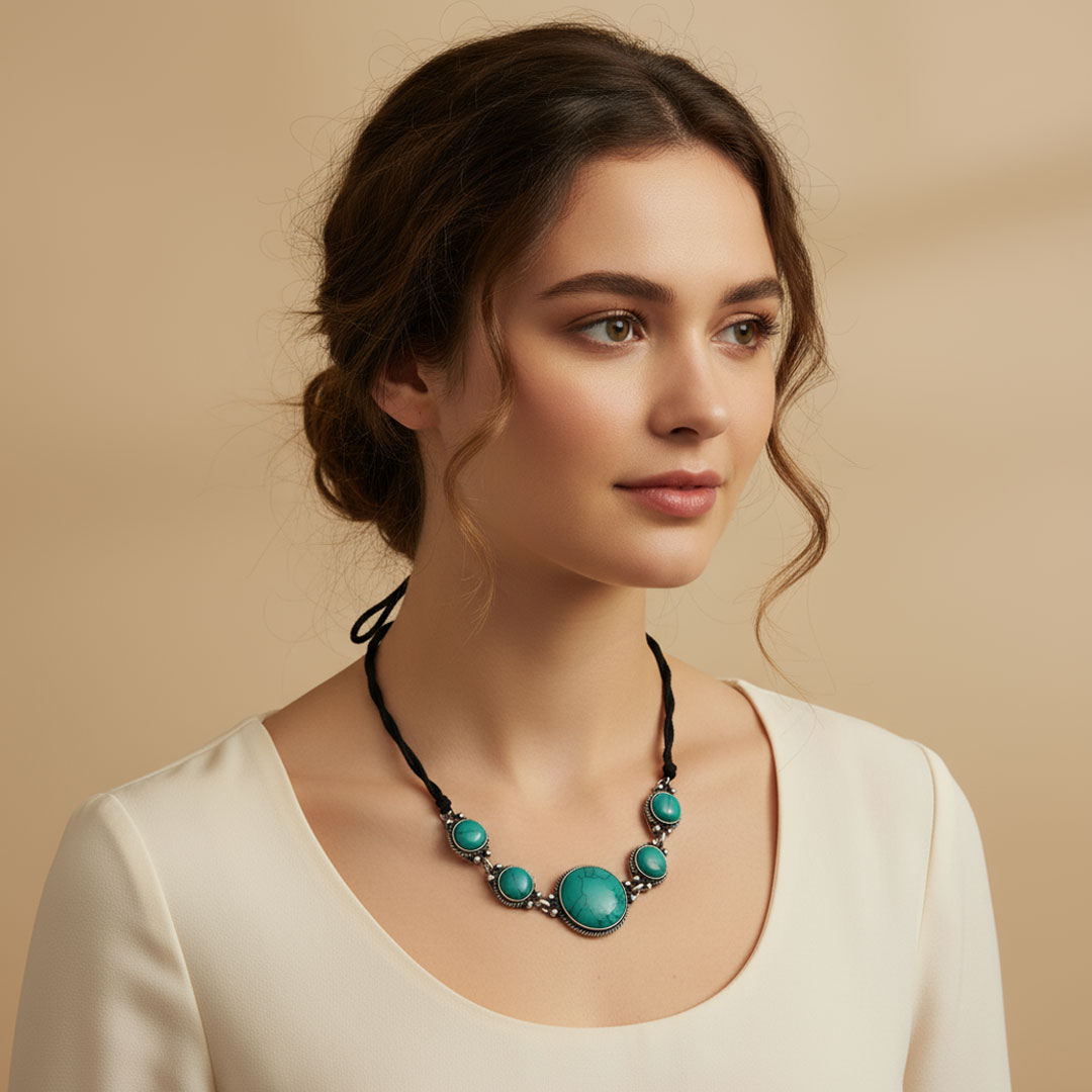 Silver Metal and Turquoise Stone Black String Necklace - Image 5