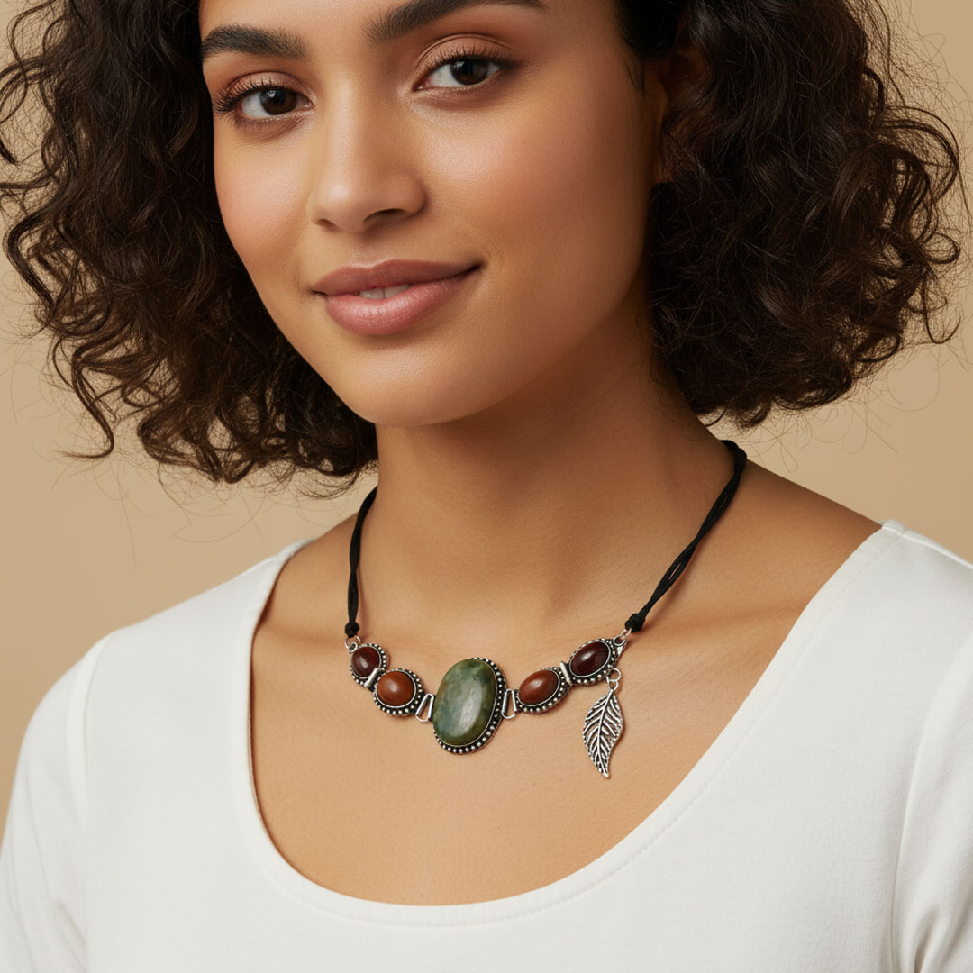 Silver Metal and Reddish Stone Black String Necklace - Image 5