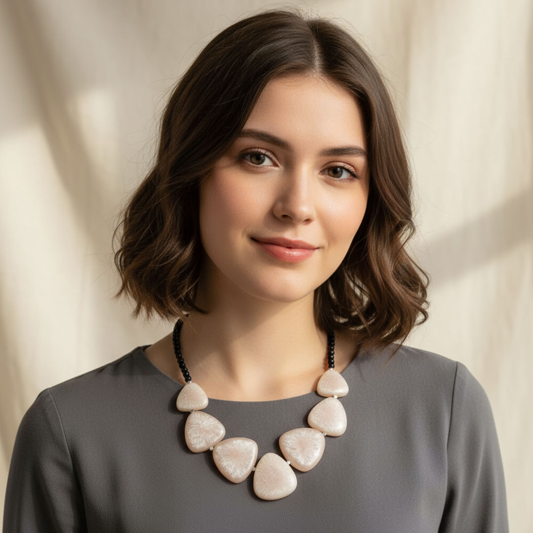 Ivory Soft Triangle Stone Necklace with Black Beads - Image 5