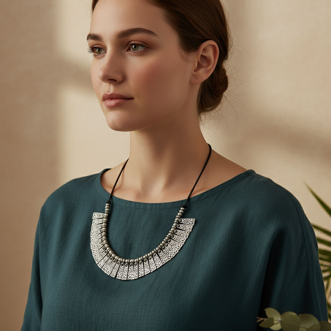 Silver-Tone Metal Filigree Sunray Collar Necklace with Black Cord - Image 5