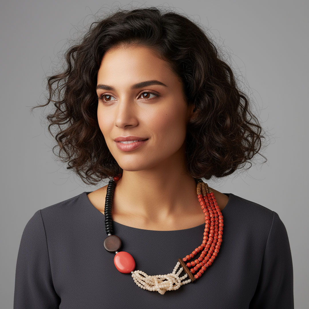 Multicolor Glass, Resin, and Wood Beaded Sunset Necklace - Image 5